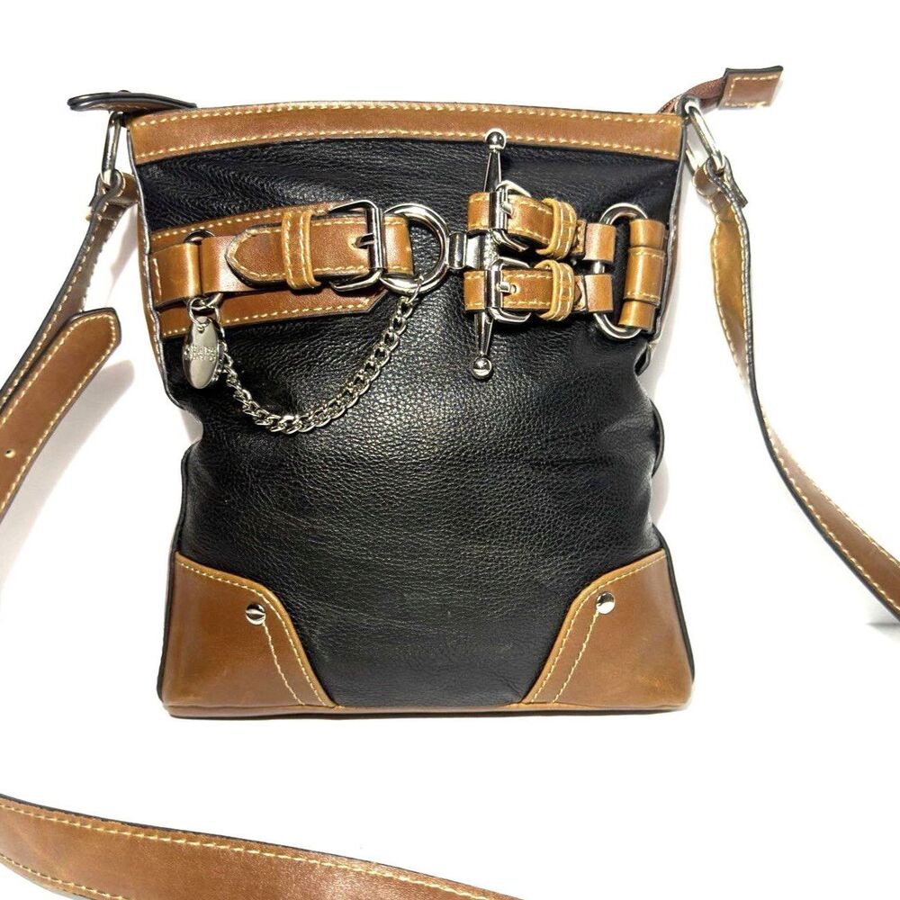 CHAPS Black Brown Crossbody Shoulder Bag Faux Leather Vinyl Buckle Chain Detail